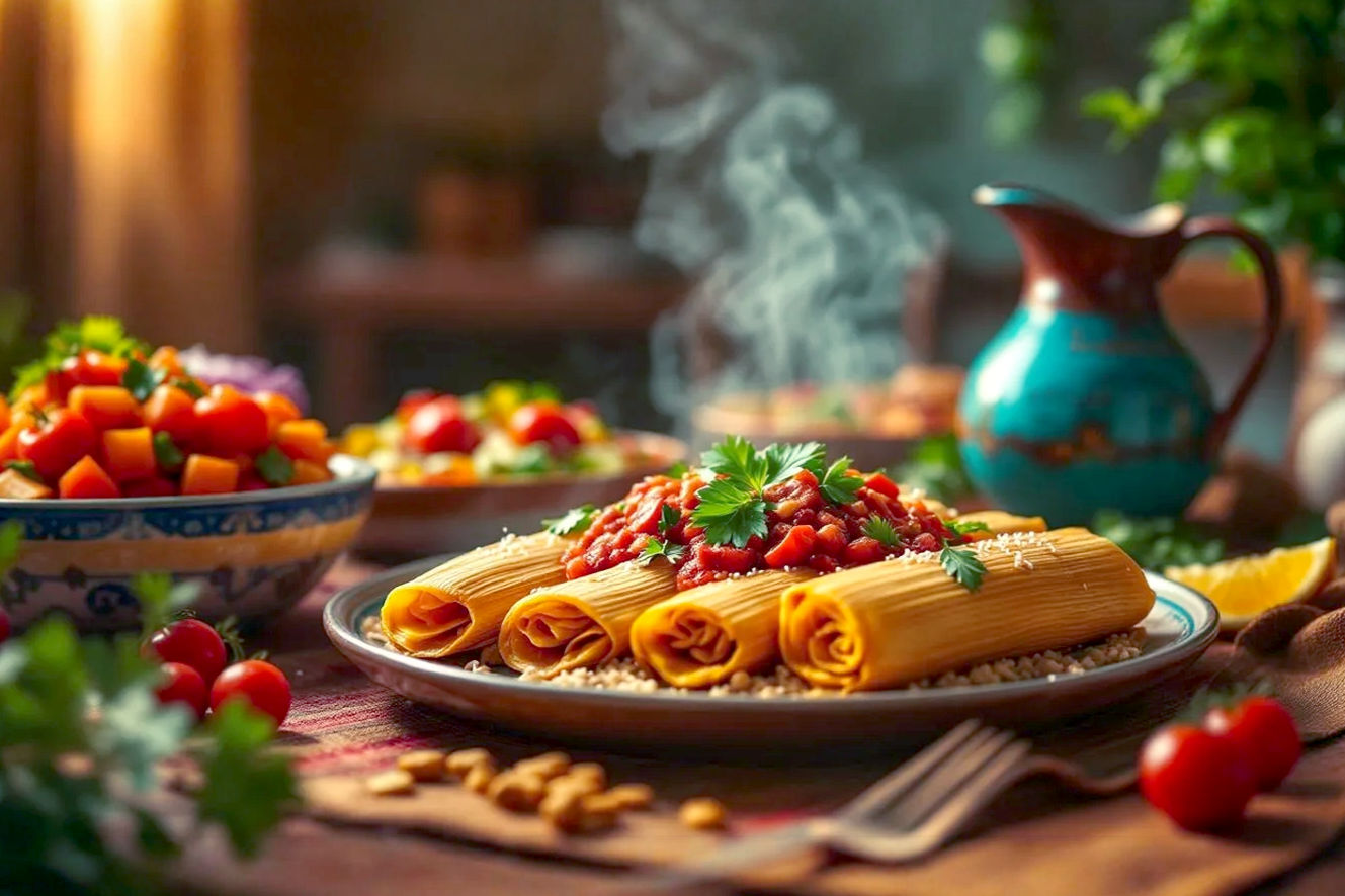 A warm, inviting, and richly detailed close-up of a traditional Mexican Christmas dinner table, laden with authentic dishes. Focus on a central platter of steaming, vibrant pork tamales, with a bowl of deep red bacalao a la Vizcaína and a colorful Ensalada de Nochebuena in the background. Include a pitcher of Ponche Navideño with visible fruit. The setting should evoke a cozy, festive family gathering, with soft, golden ambient lighting creating a warm glow. The composition should be a shallow depth of field, with the food sharply in focus and a subtly blurred background suggesting a bustling home. Professional photography style, lifelike, high resolution, rich colors, inviting atmosphere.