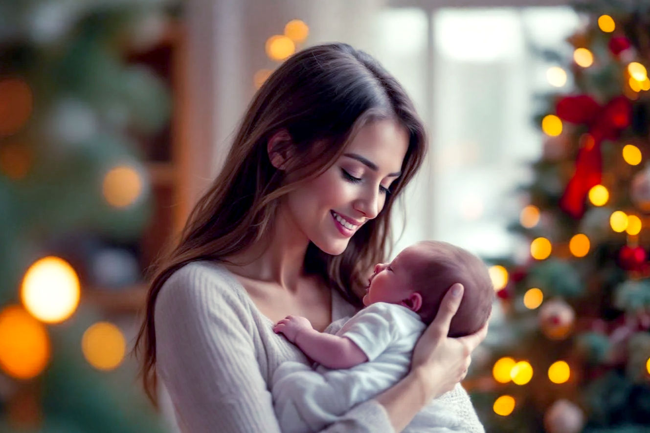A warmly lit, professional studio photograph of a new mother gently holding her newborn baby, both looking towards a softly blurred Christmas tree in the background. The mother has a serene, loving expression, and the baby is nestled comfortably against her. Focus on the tender connection between them. The scene should evoke warmth, peace, and the magic of a first Christmas. Use a shallow depth of field to keep the mother and baby sharply in focus. The lighting should be soft and golden, resembling natural window light or cozy indoor Christmas lights. The mood is intimate, heartwarming, and full of new beginnings. Pro photography style, lifelike, high resolution.