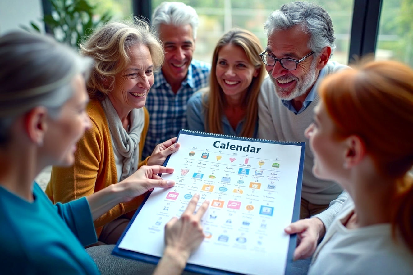 backgrounds, all smiling and interacting joyfully. They are gathered around a large, open, beautifully designed calendar, pointing to different dates highlighted with colorful icons representing various national days (e.g., a small coffee cup for National Coffee Day, a book for National Book Lovers Day, a pink ribbon, a tiny globe for Earth Day). The setting is bright and inviting, perhaps a community center or a modern, airy home, with soft, natural lighting.