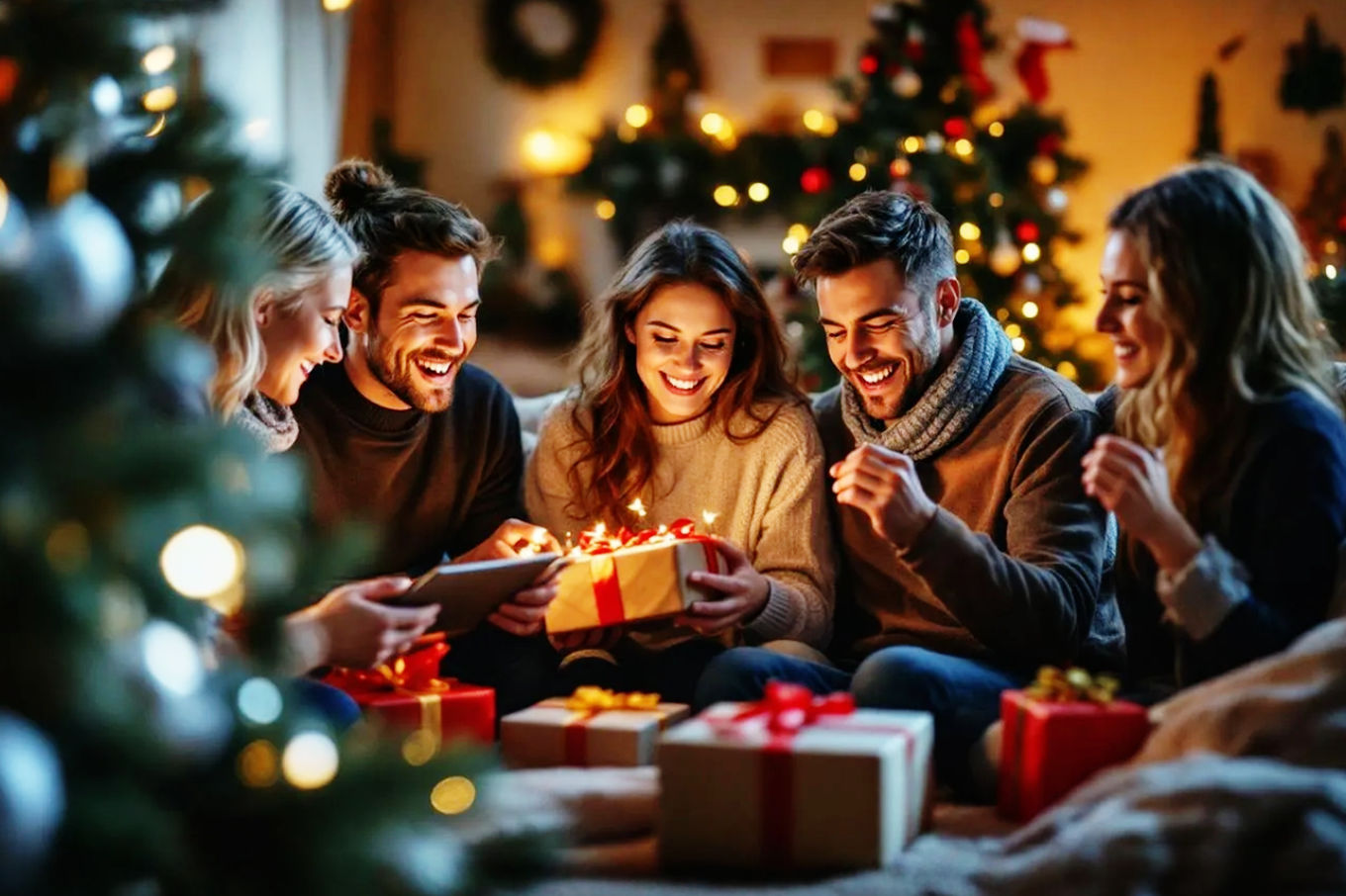 Lifelike professional photography of a group of people happily unwrapping gifts in a cozy, festive living room decorated for Christmas. The scene should convey warmth, joy, and the modern convenience of online shopping, perhaps with a subtle hint of a laptop or tablet in the background. Soft, warm lighting from Christmas tree lights and a fireplace. Focus on genuine expressions of delight and beautifully wrapped presents. High-resolution, vibrant colors, shallow depth of field.