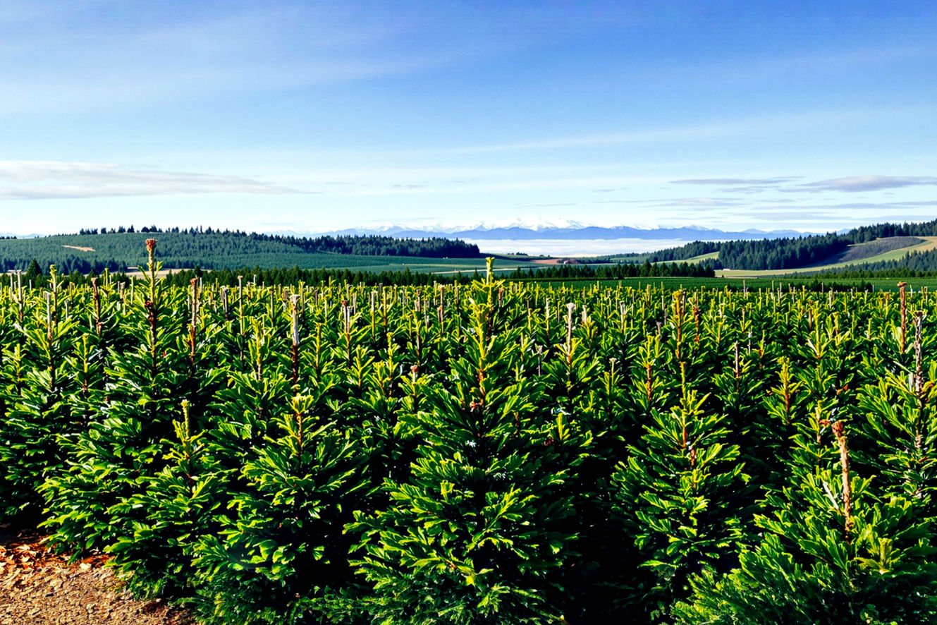 A wide, professional, lifelike photograph of a vast, meticulously managed Christmas tree farm in Oregon during a crisp, late autumn morning. The foreground features rows of perfectly shaped, vibrant green Douglas Fir and Noble Fir trees, their branches dusted with a light morning dew, stretching towards the horizon. In the midground, gentle, rolling hills covered with more evergreen trees recede, hinting at the expansive scale of the operation. The background shows the distant, hazy outline of the Cascade Mountains under a clear, soft blue sky with a few wispy clouds. The lighting is natural and diffused, creating a serene, almost ethereal glow on the trees. The composition should emphasize the orderly rows and the sheer abundance of trees, conveying a sense of peace, natural beauty, and the quiet industry of the farm. No people or overt holiday decorations are visible, focusing solely on the natural landscape of the farm. Shot with a wide-angle lens to capture the vastness, resembling a high-quality landscape photograph from a nature magazine.