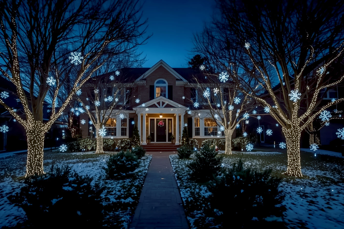 A professional, lifelike photograph of a suburban house and its front yard at dusk, completely transformed into a magical winter wonderland by an abundance of glowing outdoor LED snowflake lights. The snowflakes should be various sizes (some large, some small) and appear to be falling or suspended in the air, creating depth. The lights should emit a soft, cool white and icy blue glow, casting subtle reflections on a light dusting of snow on the ground and evergreen bushes.