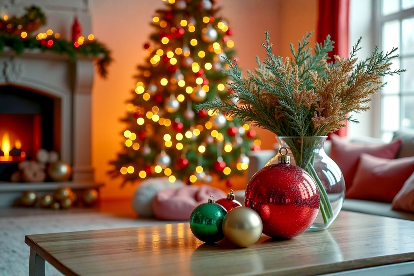A professional, lifelike photograph of a beautifully decorated living room during Christmas. The focal point is a grand, traditional Christmas tree adorned with a mix of large (10-12 inch diameter) and extra-large (18-24 inch diameter) spherical ornaments in deep reds, emerald greens, and antique golds. Some oversized ornaments are also artfully arranged in a large, clear glass vase on a nearby coffee table, reflecting the warm glow of fairy lights. Soft, inviting lighting from the tree and a nearby fireplace casts a cozy, magical ambiance. The composition is balanced, showcasing the scale and impact of the oversized decor, with a shallow depth of field to highlight the ornaments. The mood is festive, elegant, and inviting, captured with high-resolution detail.