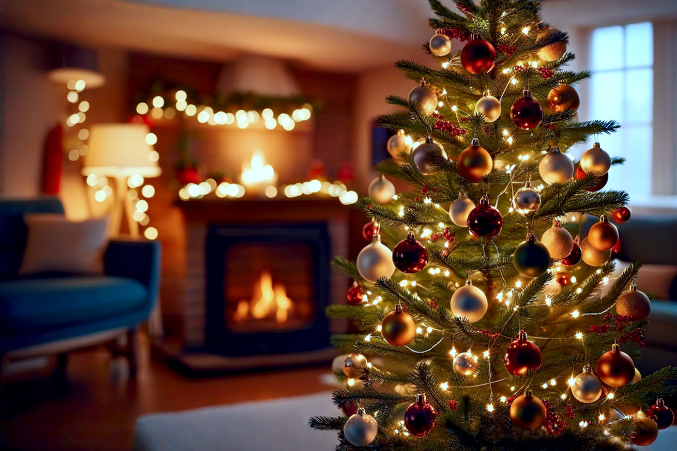 A professional, lifelike photograph of a grand, elegantly decorated Christmas tree standing as the sparkling centerpiece in a warm, inviting living room. The tree is adorned with multiple layers of warm LED lights, creating a soft, luminous glow and beautiful bokeh effects in the background. Visible are coordinating ribbons, varied ornaments (some reflecting light, others with matte or glitter textures), and subtle, cohesive fillers like berries or pinecones tucked within the branches. The composition is a slightly wide shot, capturing the tree's full height and width, with hints of a cozy, sophisticated interior design, such as a blurred fireplace mantel with matching garland or a plush armchair. The overall mood is magical, festive, and harmonious, emphasizing depth and sparkle. High-resolution, sharp focus on the tree, with a shallow depth of field to enhance the festive ambiance.