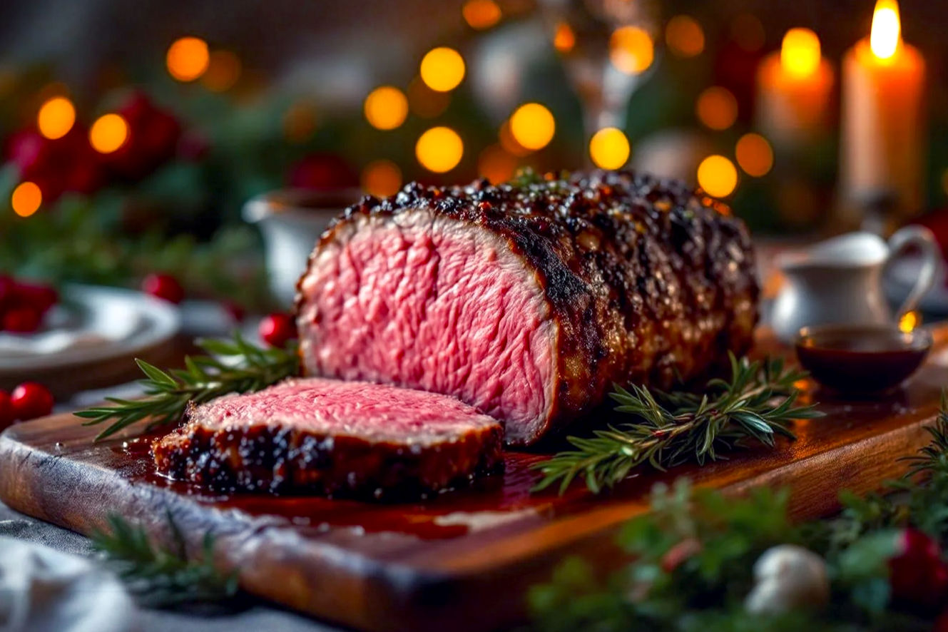 A professional, lifelike, high-resolution photograph of a perfectly cooked, golden-brown rib roast, beautifully sliced to reveal a medium-rare, rosy-pink interior. The roast is presented as the centerpiece on a rustic wooden carving board, surrounded by sprigs of fresh rosemary and thyme, and a small, elegant gravy boat filled with glistening au jus. Soft, warm holiday lighting from the side highlights the crispy crust and the succulent texture of the meat. The background is softly blurred with hints of a festive, elegant Christmas dinner table setting, including subtle candlelight and holiday greenery, creating a cozy and inviting mood. The image should evoke a sense of warmth, abundance, and culinary perfection, suitable for a high-end food magazine cover.
