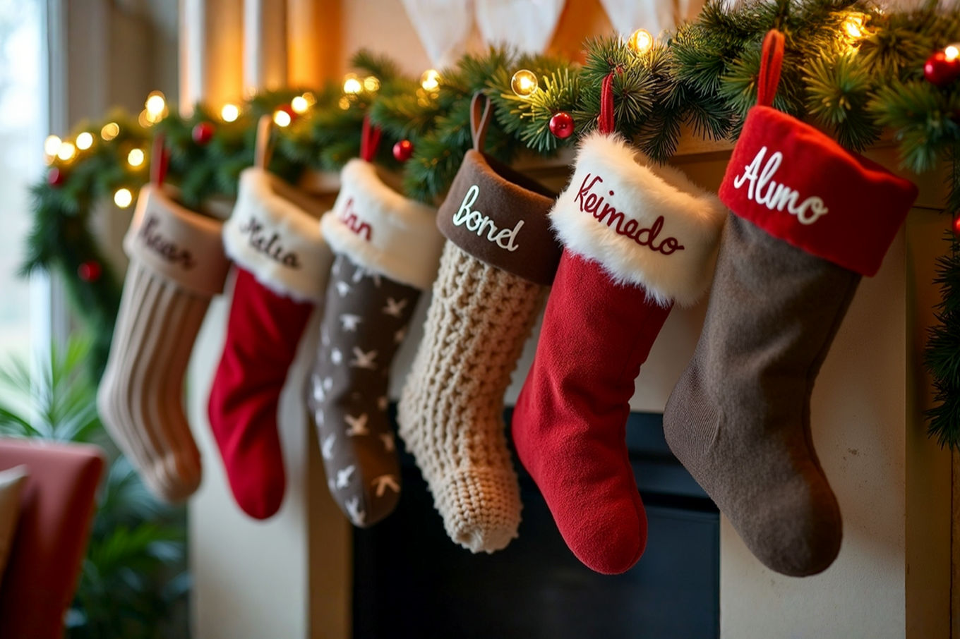 A beautifully styled mantelpiece adorned with a lush green garland, warm string lights, and a row of diverse, high-quality Christmas stockings. Each stocking is clearly personalized with a distinct name, showcasing various materials like velvet, knit, and faux fur, and different personalization methods like elegant embroidery and modern heat transfer vinyl. The scene is cozy, inviting, and bathed in soft, festive lighting, with a shallow depth of field to keep the focus on the stockings. The overall style is lifelike, professional photography, evoking a sense of warmth, family, and holiday magic.
