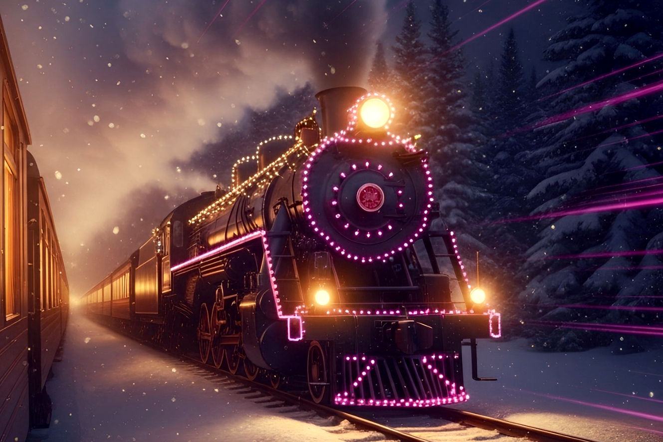 A professional, lifelike photograph capturing the enchanting atmosphere of a Polar Express train journey. The image should feature a classic, dark steam locomotive adorned with festive lights, pulling vintage passenger cars through a snow-covered, moonlit forest.
