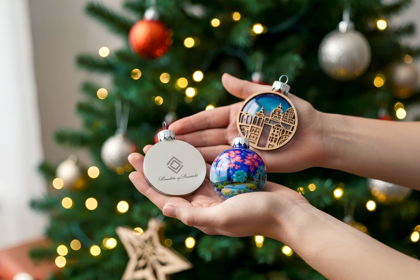 A professional, high-resolution photograph. The scene features a beautifully decorated Christmas tree in a warm, inviting setting. In the foreground, a person's hands are carefully holding a selection of diverse custom ornaments. One ornament is a sleek, laser-engraved metal piece with a subtle logo, another is a vibrant, UV-printed glass bauble, and a third is a rustic, laser-cut wooden design. The ornaments are shown in sharp focus, highlighting their intricate details and quality craftsmanship.