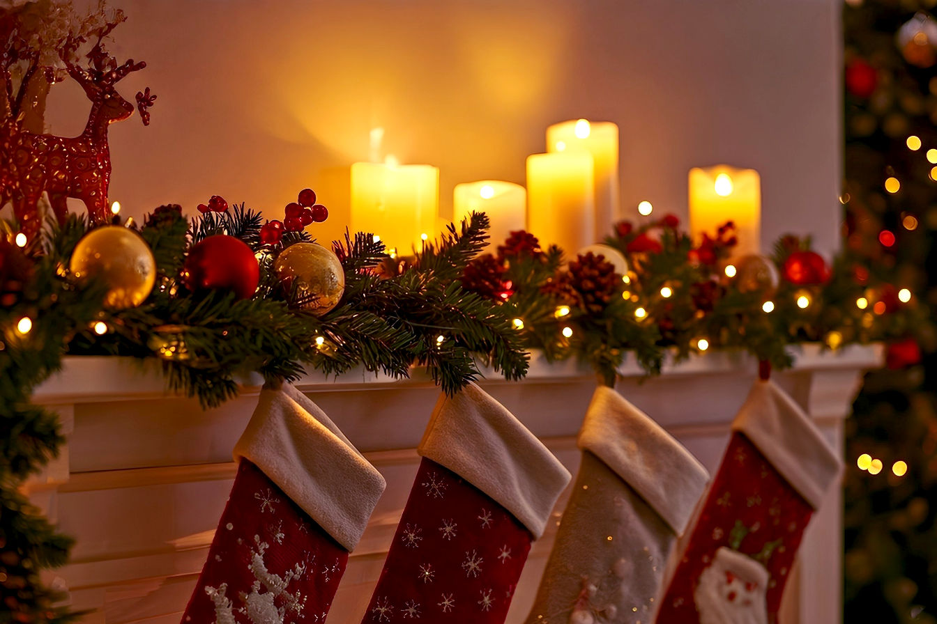 A beautifully decorated Christmas mantelpiece, centrally composed, showcasing a lush, elegant green garland adorned with warm, twinkling LED fairy lights, a mix of matte and shiny red and gold ornaments, and a few natural pinecones. Several cozy, personalized Christmas stockings in varying textures (knit, velvet) hang neatly from decorative mantel hooks. On the mantel, a cluster of flameless LED pillar candles of different heights casts a soft, inviting glow, alongside a few small, festive decorative elements like a miniature reindeer figurine or a small, frosted berry pick