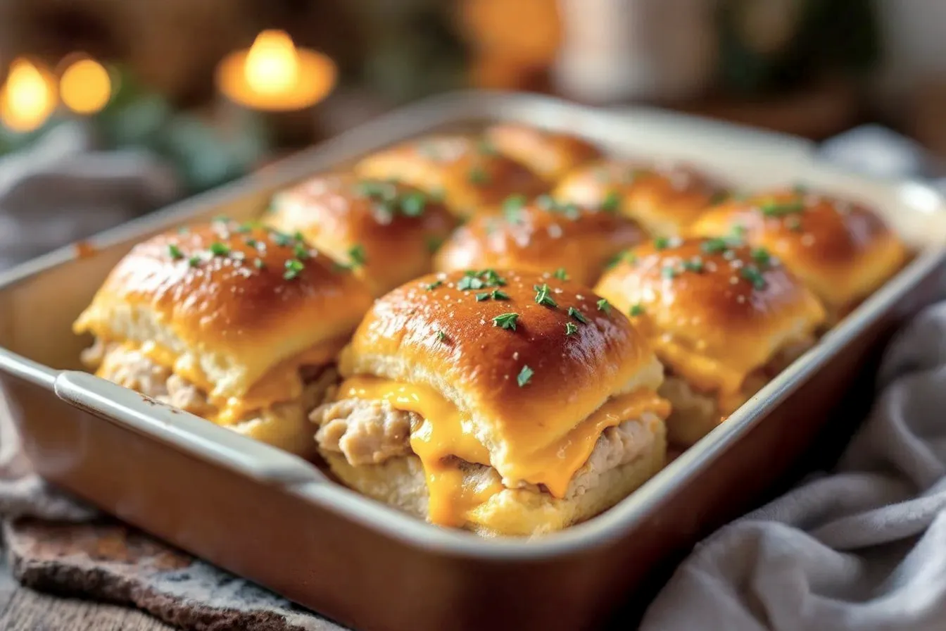 Professional, lifelike, high-angle photography of a baking dish filled with golden-brown, glistening 'Left Over Turkey Sliders' on Hawaiian sweet rolls. The sliders are perfectly baked with melted cheese oozing slightly and a hint of green herbs on top. The background is a softly blurred, warm, rustic kitchen setting with subtle hints of holiday decor or a cozy, inviting atmosphere. Lighting is soft, natural, and warm, highlighting the textures and inviting appeal of the food. Focus is sharp on the sliders, with a shallow depth of field. The overall mood is comforting, delicious, and easy.