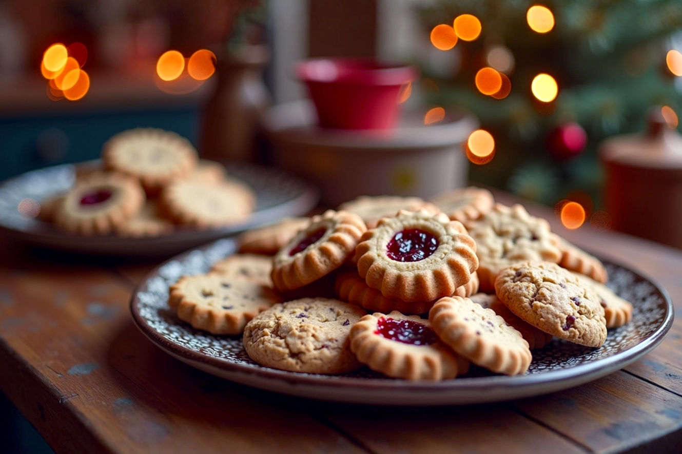 Professional, lifelike, high-resolution photograph of a warm, inviting kitchen scene during the holiday season. The central focus is a beautifully arranged platter of assorted, freshly baked holiday cookies, including classic chocolate chip, festive sugar cookies (some with simple icing), peanut butter blossoms, oatmeal raisin/cranberry cookies, and jam-filled thumbprint cookies. The cookies should appear perfectly baked, slightly golden, and visually appealing, and warm. In the background, subtly blurred, are elements suggesting a cozy holiday atmosphere: soft, warm string lights, a glimpse of a decorated Christmas tree.