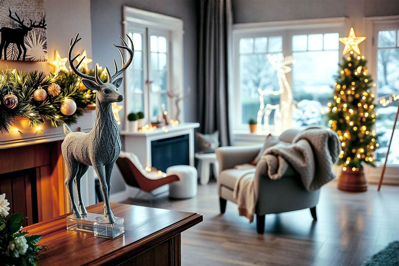 A beautifully styled living room bathed in warm, soft Christmas lights, showcasing a diverse collection of reindeer decor. In the foreground, a large, elegant, glitter-dusted reindeer figurine stands on a polished wooden mantelpiece adorned with a lush evergreen garland. In the mid-ground, a cozy armchair draped with a chunky knit blanket features a whimsical, plush reindeer peeking over the back. In the background, visible through a large window, a subtle, softly glowing wireframe reindeer silhouette stands in a snowy garden. The scene should be captured with a shallow depth of field, focusing on the reindeer decor, and feature professional, lifelike photography with a warm, inviting, and magical mood. The core theme is the versatility and beauty of Christmas reindeer decor in home settings.
