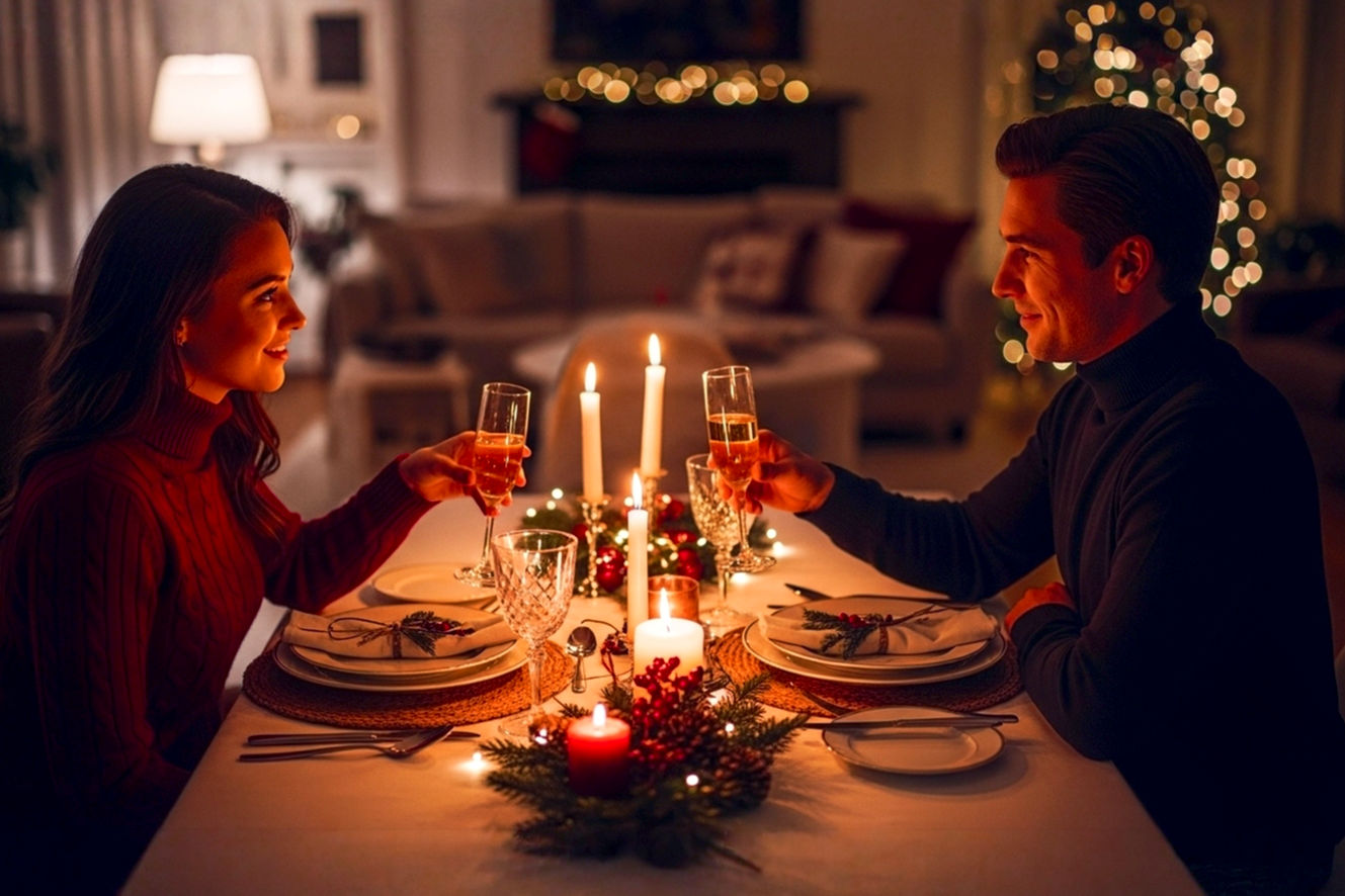 A lifelike, professional photograph capturing an intimate and cozy Christmas dinner for two. The scene features a beautifully set dining table with soft, warm lighting from candles and subtle fairy lights. A couple, seen from a slightly elevated angle, is looking at each other across the table with loving expressions, perhaps raising a toast with champagne flutes. The focus is on their connection and the romantic atmosphere. Elements like elegant dinnerware, a festive centerpiece (small, low, with pinecones and cranberries), and a blurred background showing a cozy, decorated living room with a Christmas tree or fireplace. The mood is warm, inviting, and deeply romantic, with rich, festive colors. The photography style should be high-resolution, sharp, with a shallow depth of field, resembling a magazine editorial.