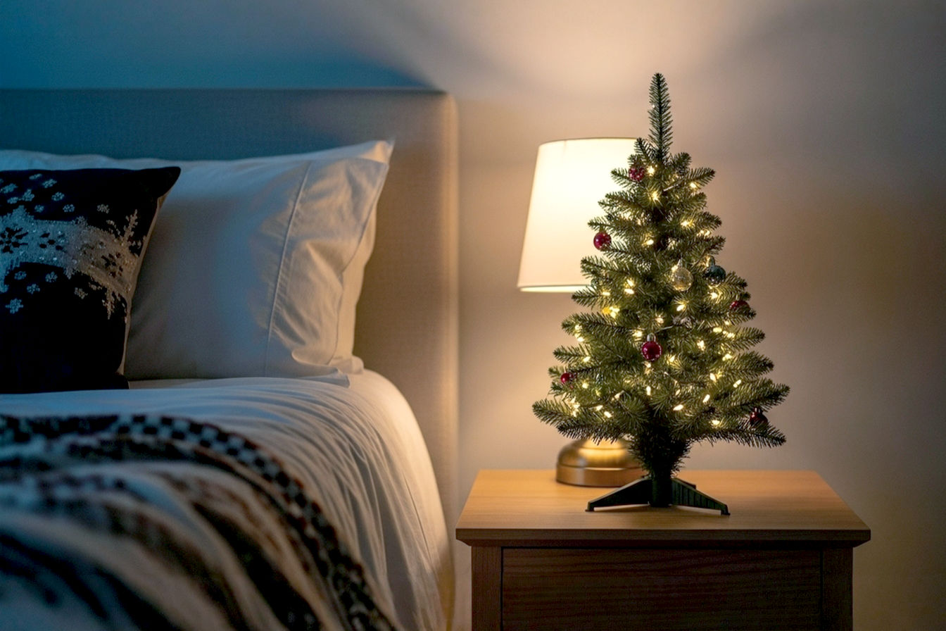 Lifelike professional photography of a beautifully decorated small Christmas tree, approximately 2-3 feet tall, positioned on a wooden nightstand beside a bed in a cozy bedroom. The composition should center the tree, with its delicate micro LED lights glowing softly. The background should be subtly blurred, showing a corner of a bed with a plush, festive throw blanket and a warm-toned table lamp. The lighting should be soft, warm, and ambient, suggesting either early morning or late evening, creating a peaceful and intimate mood. The bedroom decor should feature a neutral or muted color palette (e.g., creams, soft grays, light blues) with elegant, subtle hints of holiday colors like deep red or gold in the tree's small ornaments. The image should feel authentic and inviting, capturing the serene magic of a holiday bedroom.