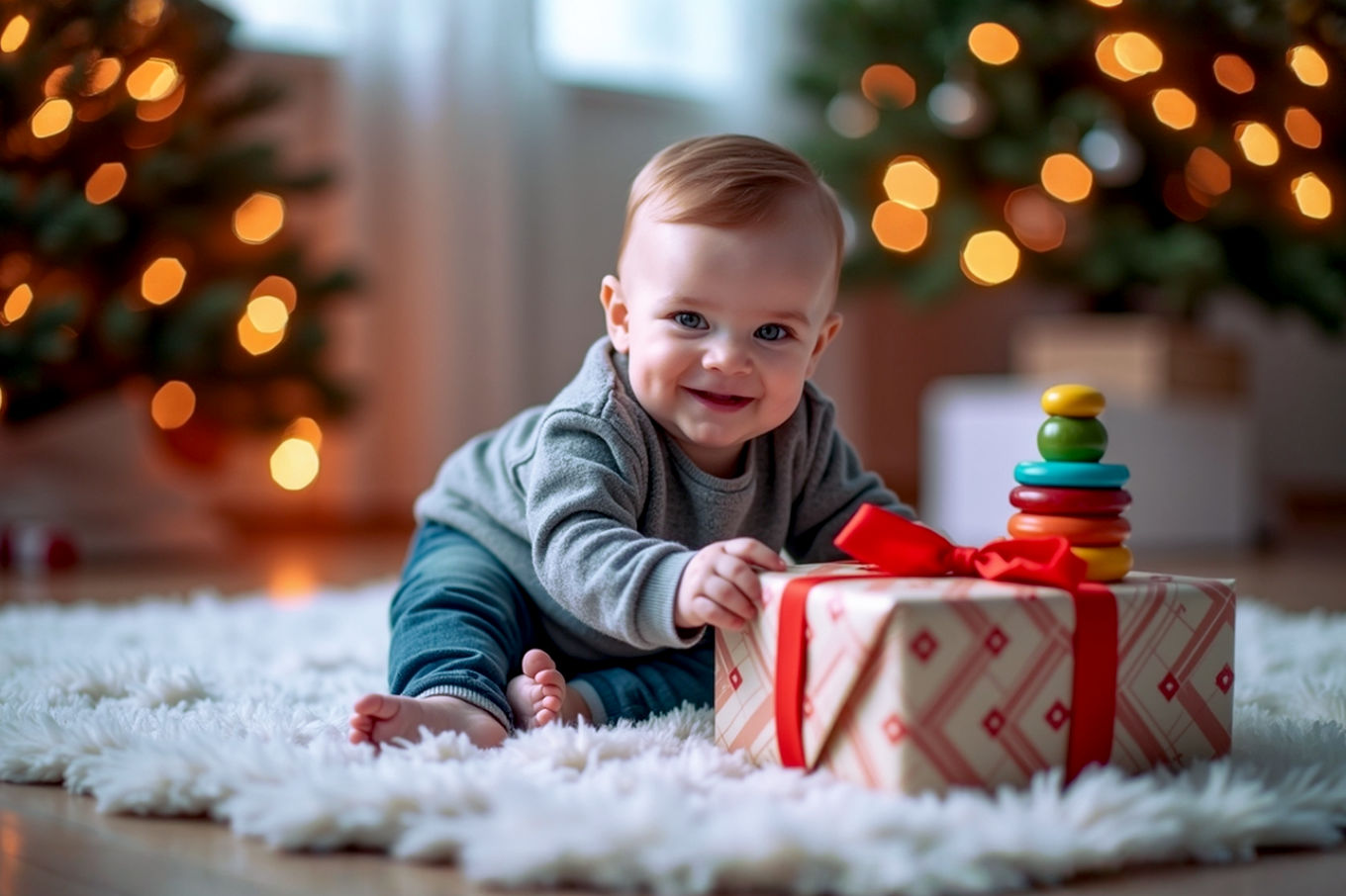 Professional, lifelike, high-resolution photograph of a happy, alert 8-month-old baby sitting on a soft, festive rug next to a beautifully wrapped, simple Christmas gift. The baby is reaching out with one hand towards a colorful, wooden stacking toy or a textured board book peeking out from the wrapping. The background should feature soft, blurred Christmas lights and a hint of a decorated Christmas tree, creating a warm, cozy, and magical holiday atmosphere. Focus on natural, soft lighting, emphasizing the baby's curious expression and the tactile nature of the gift. The composition should be eye-level with the baby, capturing a sense of wonder and discovery. The overall mood should be joyful, tender, and authentic.