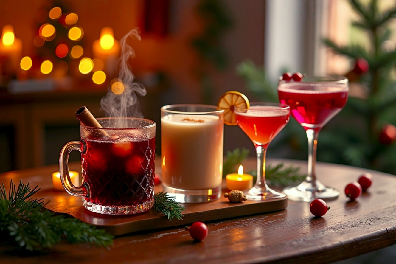 A high-resolution, lifelike professional photograph capturing a festive holiday scene. The central focus is a beautifully arranged collection of alcoholic Christmas beverages on a rustic wooden table, illuminated by warm, inviting string lights and soft candlelight. Include a steaming mug of mulled wine with a cinnamon stick, a creamy glass of eggnog with grated nutmeg, and a sparkling cranberry cocktail in an elegant glass. The background should be softly blurred, hinting at a cozy, decorated living room with a Christmas tree. The mood is warm, inviting, and celebratory. Emphasize rich textures, vibrant colors (deep reds, greens, warm browns), and a sense of joyful abundance.