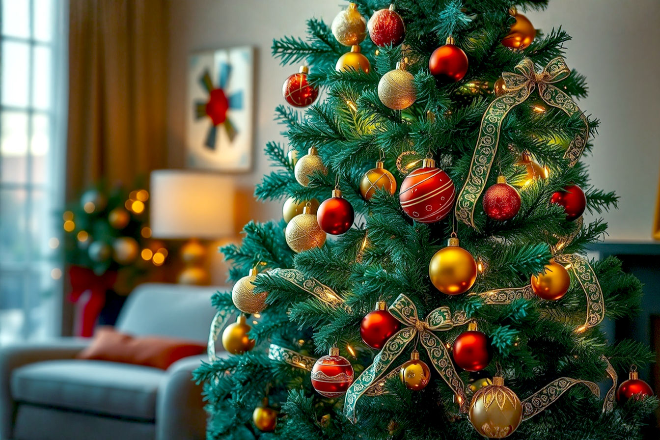 A beautifully styled 4-foot prelit Christmas tree, richly decorated with a mix of traditional red, gold, and green ornaments, elegant wired ribbon cascading down, and subtle natural picks. The tree is positioned in a cozy, softly lit living room corner, with a warm, inviting glow emanating from its prelit lights. The background is slightly blurred, focusing on the tree's intricate details and festive ambiance. Professional photography style, lifelike, high resolution, warm lighting, shallow depth of field, festive mood.