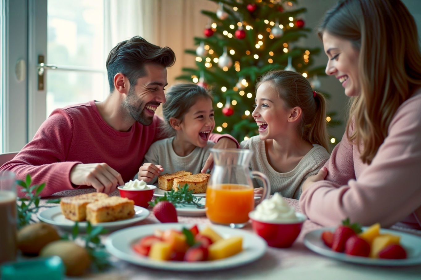 Lifelike professional photography of a warm, inviting Christmas morning breakfast scene. A family (parents, two children aged approximately 6 and 10) are gathered around a beautifully decorated dining table, all wearing cozy, festive pajamas. The table is laden with a variety of appealing breakfast dishes: a golden-brown French toast casserole, a vibrant fruit salad, a pitcher of juice, and mugs of hot chocolate with whipped cream. Soft, warm light streams in from a window, highlighting the twinkling lights of a Christmas tree in the background. The family members are smiling and interacting naturally, with one child reaching for a piece of fruit and another laughing. The overall mood is joyful, cozy, and filled with genuine connection. Shot with a shallow depth of field, natural light, and a slightly warm color palette to emphasize comfort and holiday cheer.