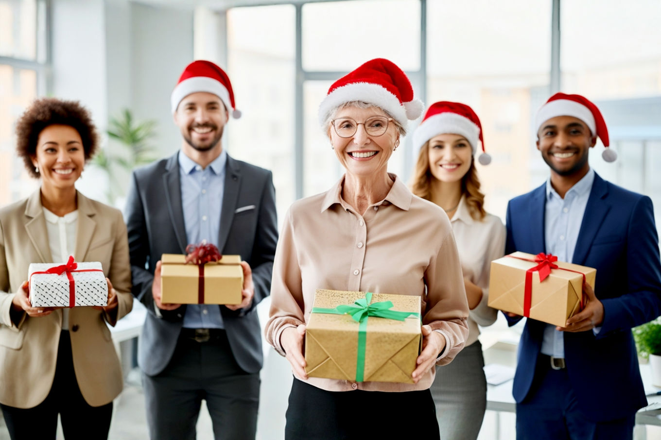 Lifelike professional photography style image illustrating the core theme of employee appreciation and holiday gifting. The composition should feature a group of happy employees (various ages, genders, ethnicities) in a modern, well-lit office or collaborative workspace, subtly interacting with thoughtful, elegantly wrapped holiday gifts.