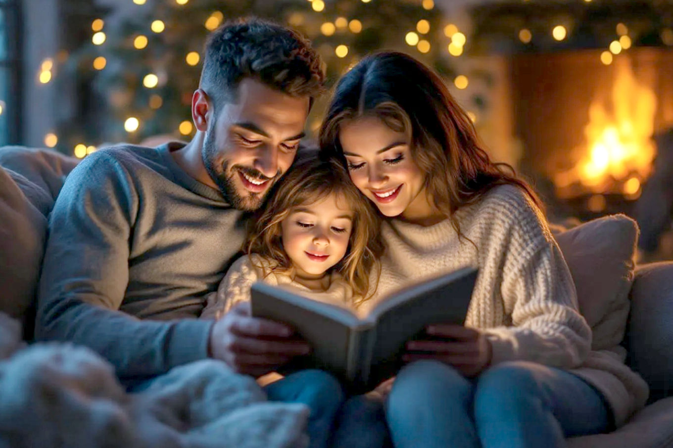 Professional, lifelike photograph capturing a cozy, warm Christmas evening scene. A family are snuggled together on a plush sofa, bathed in the soft, golden glow of twinkling Christmas tree lights and a crackling fireplace in the background. The composition should be a medium close-up, emphasizing the warm, inviting atmosphere. The lighting is low-key, with warm practical lights creating soft highlights and shadows. Shot on a professional DSLR with a wide aperture for a blurred, dreamy background (bokeh effect).