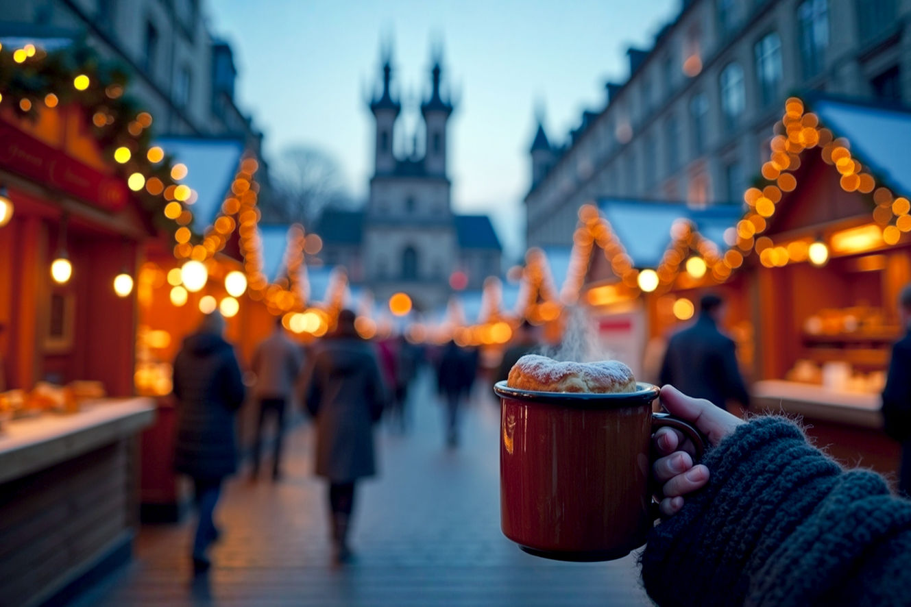Professional, lifelike photograph capturing the enchanting atmosphere of a European Christmas market at dusk. The scene should be bustling with people, warmly dressed, strolling between illuminated wooden stalls adorned with festive garlands and twinkling lights. In the foreground, focus on a steaming mug of mulled wine or a hand holding a traditional Christmas pastry. The background should feature blurred but recognizable historic architecture, like a grand cathedral or old town square, softly lit and creating a magical glow. The mood is cozy, joyful, and inviting. Shot with a prime lens, shallow depth of field, warm golden hour lighting, and a slightly elevated perspective.