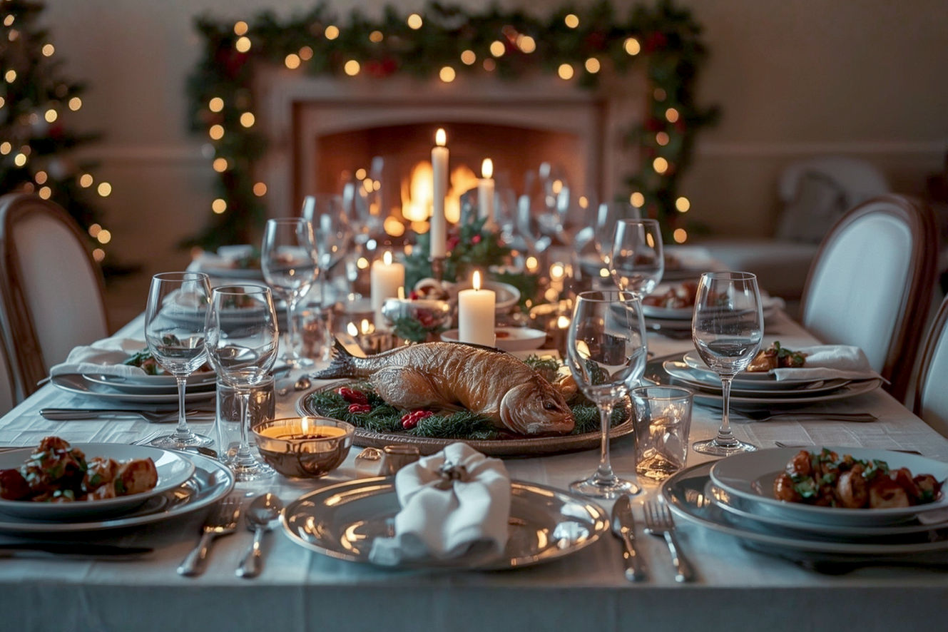 Lifelike professional photography of a beautifully set Christmas Eve dinner table. The scene should be warm and inviting, with soft, ambient lighting from candles and subtle fairy lights. Focus on a central, elegantly presented main course (e.g., a roasted whole fish or a glazed ham) surrounded by festive side dishes. Include elements like polished glassware, classic white or holiday-themed china, and cloth napkins. The background should be slightly blurred, showing hints of Christmas decorations like a decorated tree or a cozy fireplace. The mood is intimate, joyful, and traditional, emphasizing family gathering and culinary abundance. High-resolution, realistic, and visually impactful.