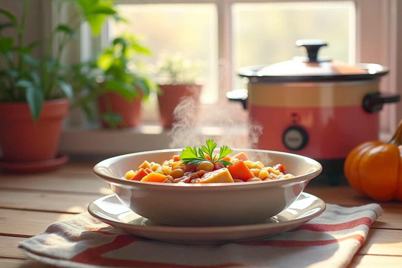 Professional, lifelike, high-resolution photography of a steaming bowl of rich, hearty turkey vegetable soup, garnished with fresh parsley, in a rustic ceramic bowl on a wooden table. A vintage-style slow cooker is subtly blurred in the background, emitting a gentle steam. Warm, inviting natural light from a window illuminates the scene, creating soft shadows. The mood is cozy, comforting, and autumnal. Focus on the texture of the soup, the vibrant colors of the vegetables, and the comforting steam. Shot with a shallow depth of field, f/2.8, 50mm lens.