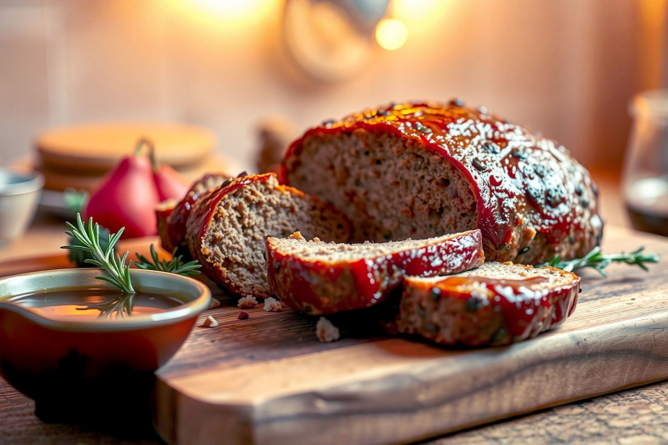 Professional, lifelike food photography of a perfectly baked, golden-brown meatloaf made from turkey, sliced to reveal its moist, savory interior. The meatloaf is presented on a rustic wooden cutting board with a sprig of fresh rosemary and a small bowl of a rich, glossy glaze on the side. Soft, warm overhead lighting highlights the texture of the meatloaf and the vibrant colors of the herbs. The background is softly blurred, suggesting a cozy, inviting kitchen setting, with subtle hints of holiday decor or a warm, comforting atmosphere. The core theme is transforming holiday leftovers into a delicious, comforting meal.