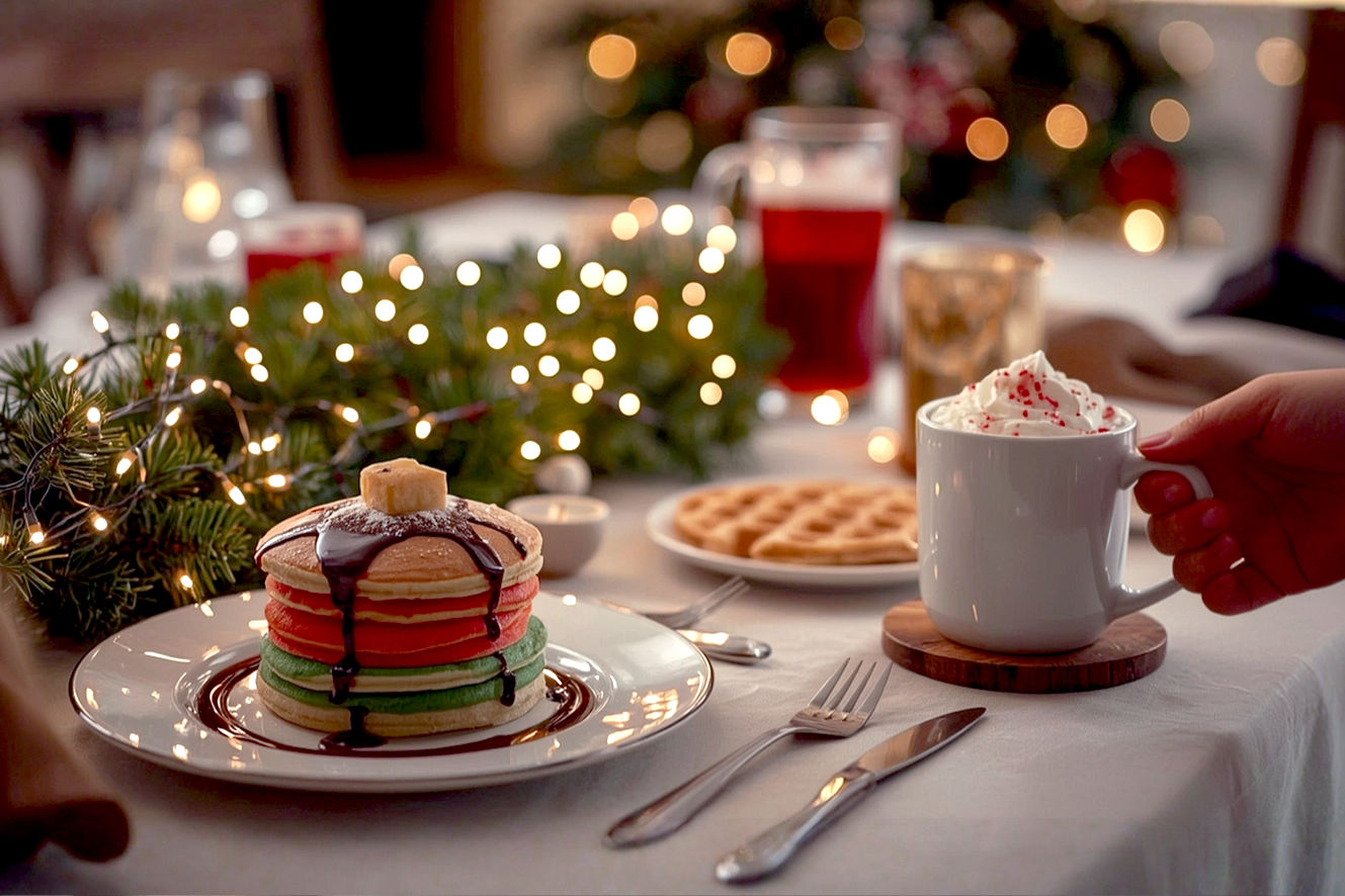 Professional, lifelike, high-resolution photograph of a beautifully set Christmas breakfast table. The table is adorned with warm, twinkling mini LED string lights woven into a festive evergreen garland centerpiece. On the table, there's a stack of fluffy, round pancakes in red, green, and yellow, with a thin line of chocolate syrup connecting them, resembling a string of Christmas lights. Nearby, a plate of star-shaped waffles dusted with powdered sugar glistens. A hand is reaching for a mug of steaming peppermint hot chocolate topped with whipped cream and crushed candy canes. The background is softly blurred with bokeh lights from a distant Christmas tree. The mood is cozy, joyful, and inviting. Shot with a shallow depth of field, warm lighting, and a soft, diffused glow. Professional food photography style.