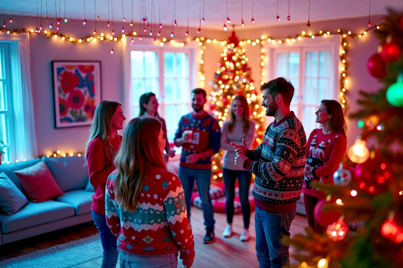 A vibrant, high-angle, professional photograph capturing a living room fully decorated for an "Ugly Christmas Sweater Party." The scene is bursting with intentionally tacky, mismatched holiday decorations: multi-colored blinking string lights draped everywhere, excessive tinsel on a brightly adorned Christmas tree, a mix of gaudy ornaments, and clashing patterns on fabrics and banners. In the foreground, a group of smiling people wearing exaggerated, humorous ugly Christmas sweaters are interacting and laughing. The lighting is warm and festive, with a playful, chaotic mood. The image should be sharp, well-composed, and evoke a sense of joyful, over-the-top holiday celebration.