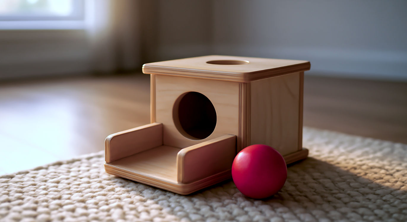 Professional DSLR photo, 16:9, golden-hour side light. Subject: A classic wooden object permanence box with a single red ball sitting just outside the retrieval tray. Foreground: The corner of a soft, woven, high-texture play mat. Background: A clean, minimalist nursery floor with bright, soft-focus natural light from a window. Mood: Curious Note: NO text, NO abstract graphics. Avoid people.