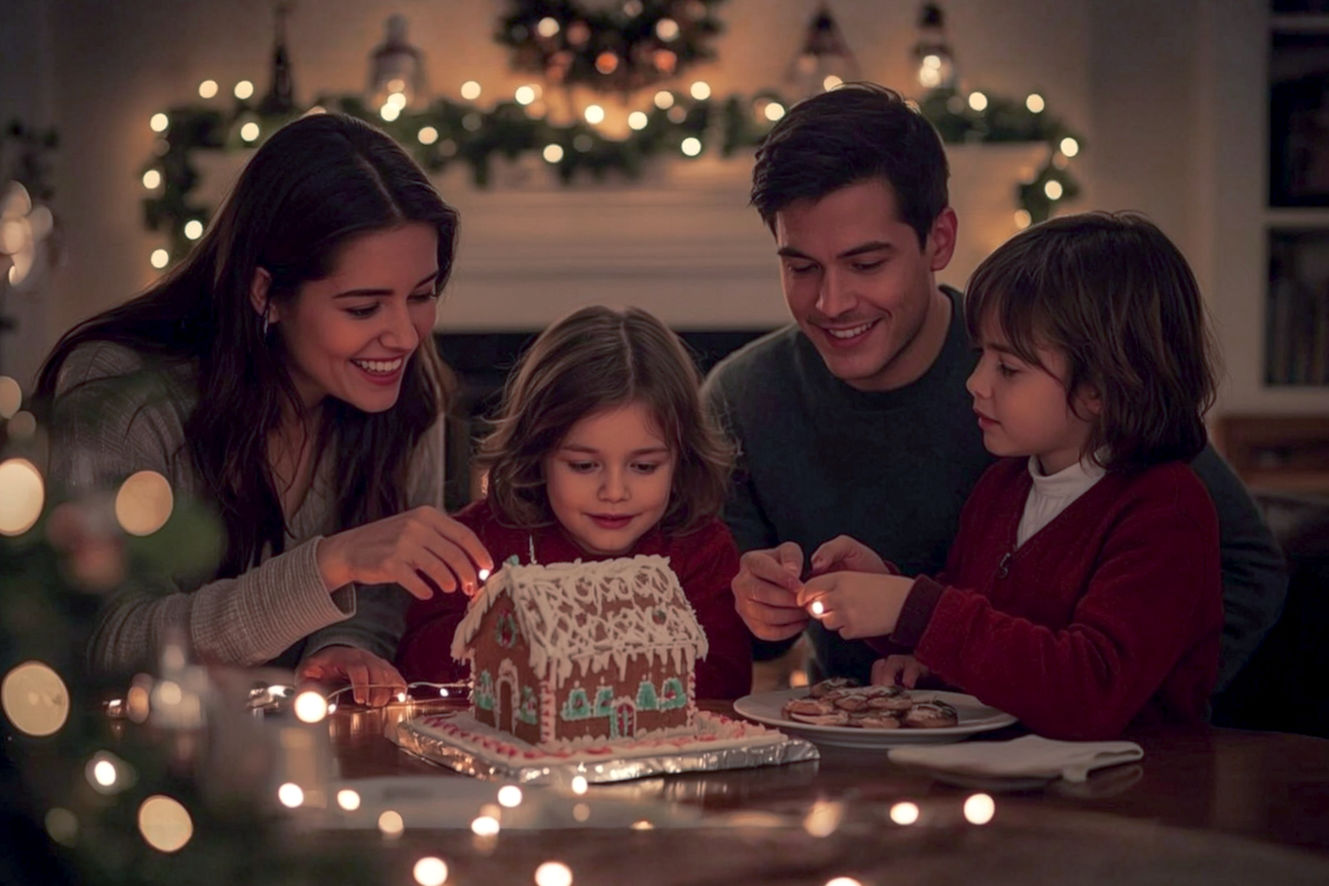 A vibrant, lifelike professional photograph capturing a family (parents, two children aged 8-12, and a grandparent) engaged in a unique Christmas Eve activity indoors. The scene should be cozy and warm, possibly around a fireplace or a beautifully decorated living room. They are gathered around a table, actively involved in either building an intricate gingerbread house or decorating elaborate cookies, with focus and smiles on their faces. Soft, warm string lights and subtle Christmas decorations are visible in the background, creating a magical, inviting atmosphere. The lighting is low-key and ambient, emphasizing the glow of the lights and the warmth of the scene. The composition is a medium shot, showing interaction and connection between family members, with a shallow depth of field to keep the focus on their activity. The mood is joyful, intimate, and filled with holiday spirit.