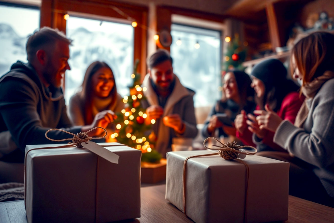 A cozy, inviting scene illustrating a blend of non-traditional Christmas elements. In the foreground, a beautifully wrapped, minimalist gift box with a small, elegant tag that says "Experience" or "Memory," subtly hinting at non-material gifts. In the mid-ground, a diverse group of friends or family members (ages 20s-50s) are engaged in a joyful, non-traditional activity: perhaps decorating a small, quirky "themed" Christmas tree with non-traditional ornaments (e.g., small pineapples for a tropical theme, or retro cassette tapes for an 80s theme), or laughing together while crafting handmade ornaments. The background should subtly suggest a travel element, like a blurred window view of a snowy mountain landscape or a warm, sunny beach, or a cozy, rustic cabin interior. The lighting is warm and inviting, with soft, diffused light from string lights or a fireplace. The mood is joyful, relaxed, and authentic, emphasizing connection and creativity over consumerism. Professional photography style, lifelike, high-resolution, rich colors, shallow depth of field.