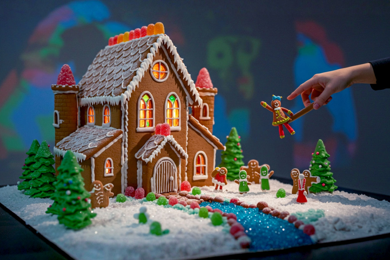 Professional, lifelike, high-resolution photograph of a meticulously crafted, unique gingerbread house. The gingerbread house is designed as a whimsical, multi-tiered fairy tale castle with intricate royal icing details, edible stained-glass windows made from isomalt, and turrets topped with candy. It is surrounded by a miniature edible landscape featuring piped green icing trees, tiny candy flowers, and a shimmering blue candy river. The lighting is soft, warm, and inviting, creating a magical, enchanting mood. The composition is a close-up, slightly elevated eye-level shot, showcasing the delicate details and inviting the viewer into the miniature world. The background is softly blurred to keep focus on the gingerbread house, suggesting a cozy, festive indoor setting. The image should evoke wonder and a sense of holiday magic, with a professional photography aesthetic.
