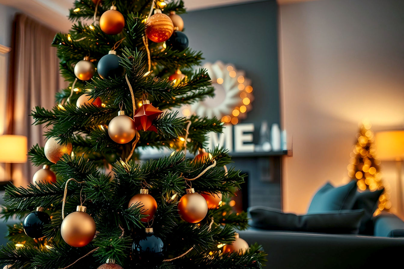 A professional, lifelike, high-resolution photograph of a beautifully decorated, unlit artificial Christmas tree standing proudly in a cozy, modern living room. The tree is adorned with a variety of carefully strung ornaments of various sizes and textures (some matte, some reflective) are thoughtfully placed, catching the light. The composition is eye-level, focusing on the mid-section of the tree, with a slightly blurred background showing a warm fireplace or comfortable sofa. The lighting is soft and diffused, emphasizing the tree's texture and the glow of the lights, with subtle shadows adding depth. The mood is warm, inviting, and elegant, conveying a sense of personal touch and refined holiday spirit. No people are visible. The image should be suitable for a holiday lifestyle magazine cover.