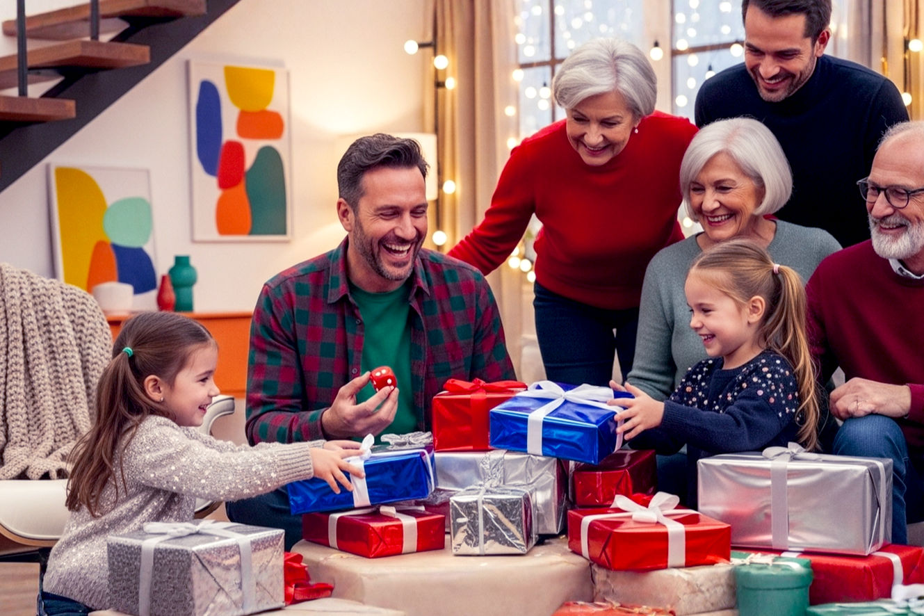 Close-up, lifelike professional photograph of a family (multi-generational, smiling, warm expressions) gathered around a pile of brightly wrapped Christmas presents. One person is laughing heartily while holding a die, and another is playfully reaching for a gift. The scene should be set in a cozy, festive living room with soft, warm Christmas lights in the blurred background. Composition should be eye-level, capturing genuine interaction and joy. The lighting is soft and inviting, emphasizing the festive mood and the core theme of "Unwrap the Fun: Christmas Present Games."