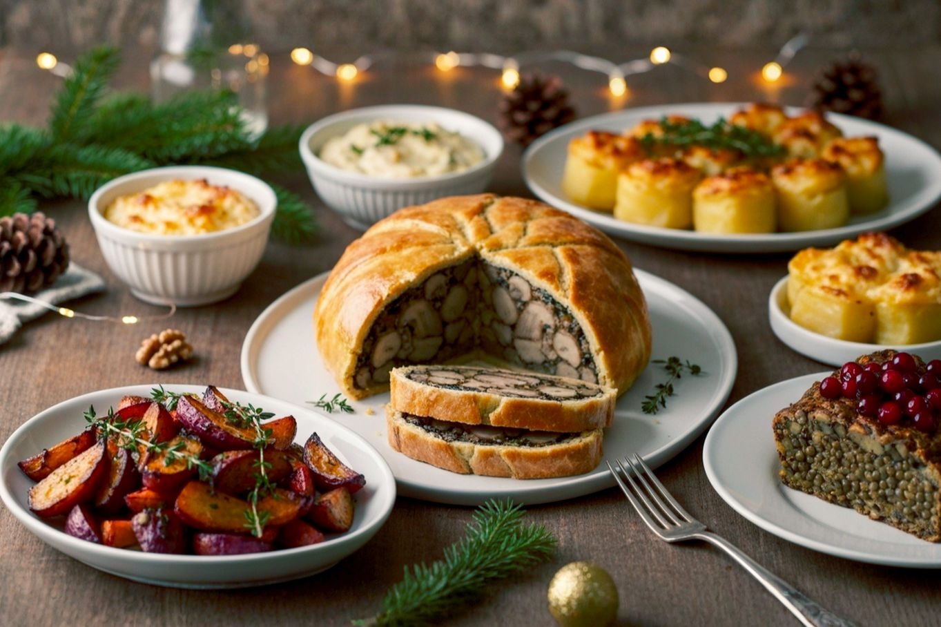 A beautifully styled, warm and inviting close-up shot of a festive Christmas dinner table laden with vibrant vegetarian dishes. The centerpiece is a golden-crusted Mushroom & Chestnut Wellington, perfectly sliced, surrounded by glistening roasted root vegetables with maple-thyme glaze, creamy dauphinoise potatoes, and a savory lentil and walnut loaf with cranberry glaze. The lighting is soft, warm, and golden, evoking a cozy holiday atmosphere. There are subtle hints of Christmas decorations like pinecones, evergreen sprigs, and twinkling fairy lights in the softly blurred background. The composition is a shallow depth of field, focusing sharply on the food, with a professional, lifelike photography style.I've completed the comprehensive article on 'Top 5 Vegetarian Christmas Dinner Recipes for a Festive Feast', following all the phases you outlined.