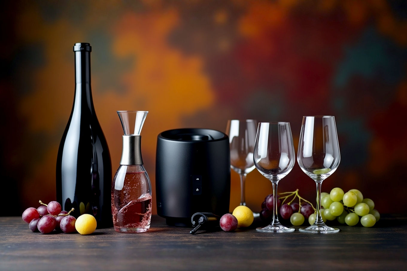 Professional studio photography of a collection of elegant wine accessories arranged artfully on a dark, textured wooden surface. Include a sleek, modern wine decanter, a sophisticated wine aerator, a high-tech wine preservation device (like a Coravin), a set of sparkling crystal wine glasses, a compact wine cooler (subtly in the background), and a stylish electric wine opener. The lighting should be soft and dramatic, highlighting the textures and reflective surfaces. The background should be blurred to keep focus on the items. The overall mood is luxurious, sophisticated, and inviting. No wine bottles or grapes visible.