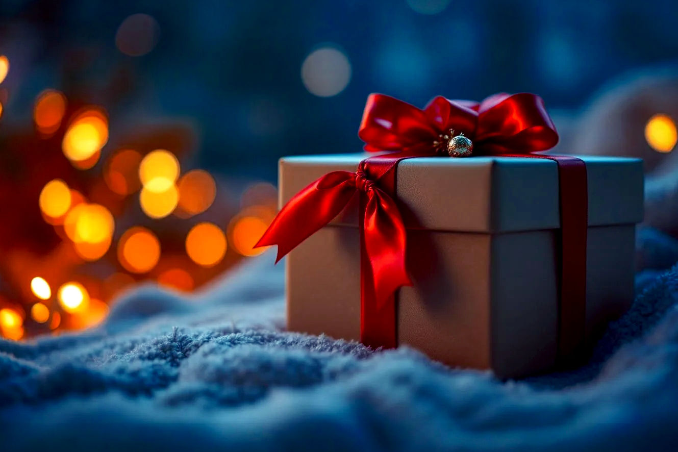 Professional, lifelike studio photography of a beautifully wrapped Christmas gift box with a luxurious red ribbon and a personalized tag. The gift is partially opened to reveal a glimpse of a soft, cozy cashmere sweater or a sleek, modern tech gadget inside. The background is a subtly blurred, warm-toned festive setting with soft, glowing bokeh lights, suggesting a cozy Christmas morning. The lighting is soft and inviting, highlighting the textures and details of the gift. The mood is warm, joyful, and elegant. Close-up shot with a shallow depth of field, emphasizing the gift.