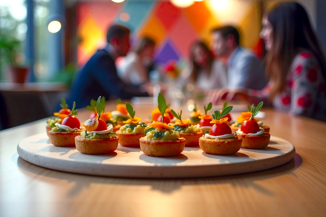 High-resolution, professional studio photography of a beautifully arranged platter of diverse, elegant work party appetizers on a sleek, modern serving board, centered on a light wooden table. The appetizers should include vibrant Caprese skewers, golden mini quiches, and colorful fresh spring rolls, all meticulously garnished with fresh herbs and edible flowers. The lighting is soft, warm, and inviting, creating subtle shadows and highlights that emphasize texture and freshness. The background is a gently blurred, sophisticated office party setting with hints of professional attire and soft, ambient lighting, conveying a sense of upscale networking and culinary excellence. The overall mood is refined, welcoming, and subtly impressive.