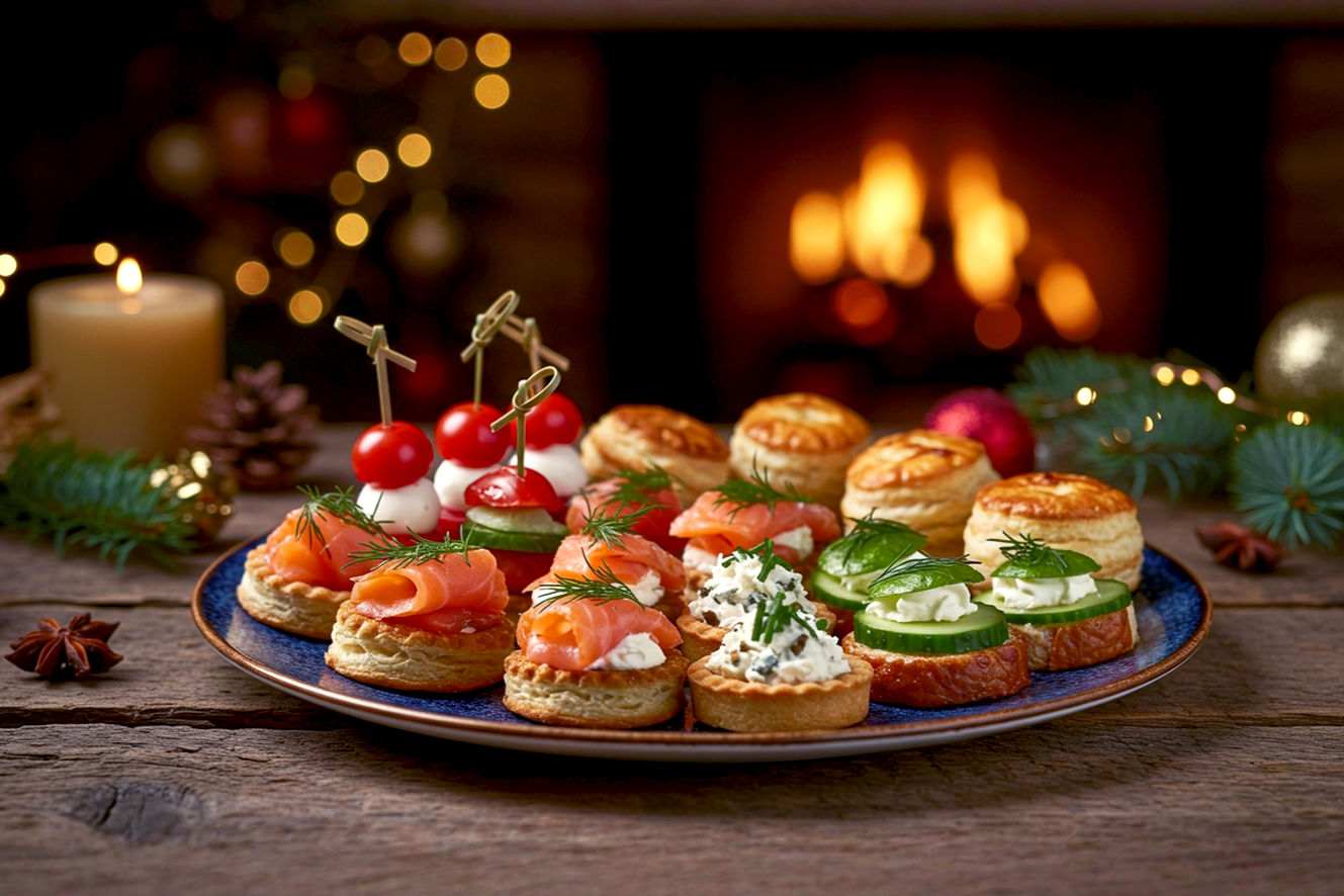 Lifelike professional photography of a beautifully arranged platter of elegant and easy Christmas canapes on a rustic wooden table. The canapes should include a variety of colors and textures: vibrant red cherry tomato and mozzarella skewers, delicate smoked salmon bites with dill, golden-brown cranberry and brie puff pastry tarts, and fresh green cucumber rounds with herbed cream cheese. The composition should be a close-up, slightly overhead shot, with soft, warm, inviting holiday lighting creating gentle highlights and shadows. In the background, subtly blurred festive elements like twinkling fairy lights, a hint of evergreen foliage, and a cozy fireplace glow should be visible, enhancing the warm, celebratory mood. The image should evoke a sense of delicious abundance and sophisticated ease, perfect for a festive gathering.