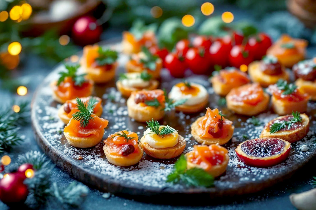 Close-up, top-down professional photography style image of a beautifully arranged festive platter of Christmas canapes. The platter features a diverse selection of colorful, bite-sized appetizers: mini smoked salmon blinis with dill, golden mini sausage rolls, vibrant Caprese skewers, and elegant fig and goat cheese crostini with a honey drizzle. The canapes are meticulously arranged with a focus on visual appeal, showcasing varied textures and colors.