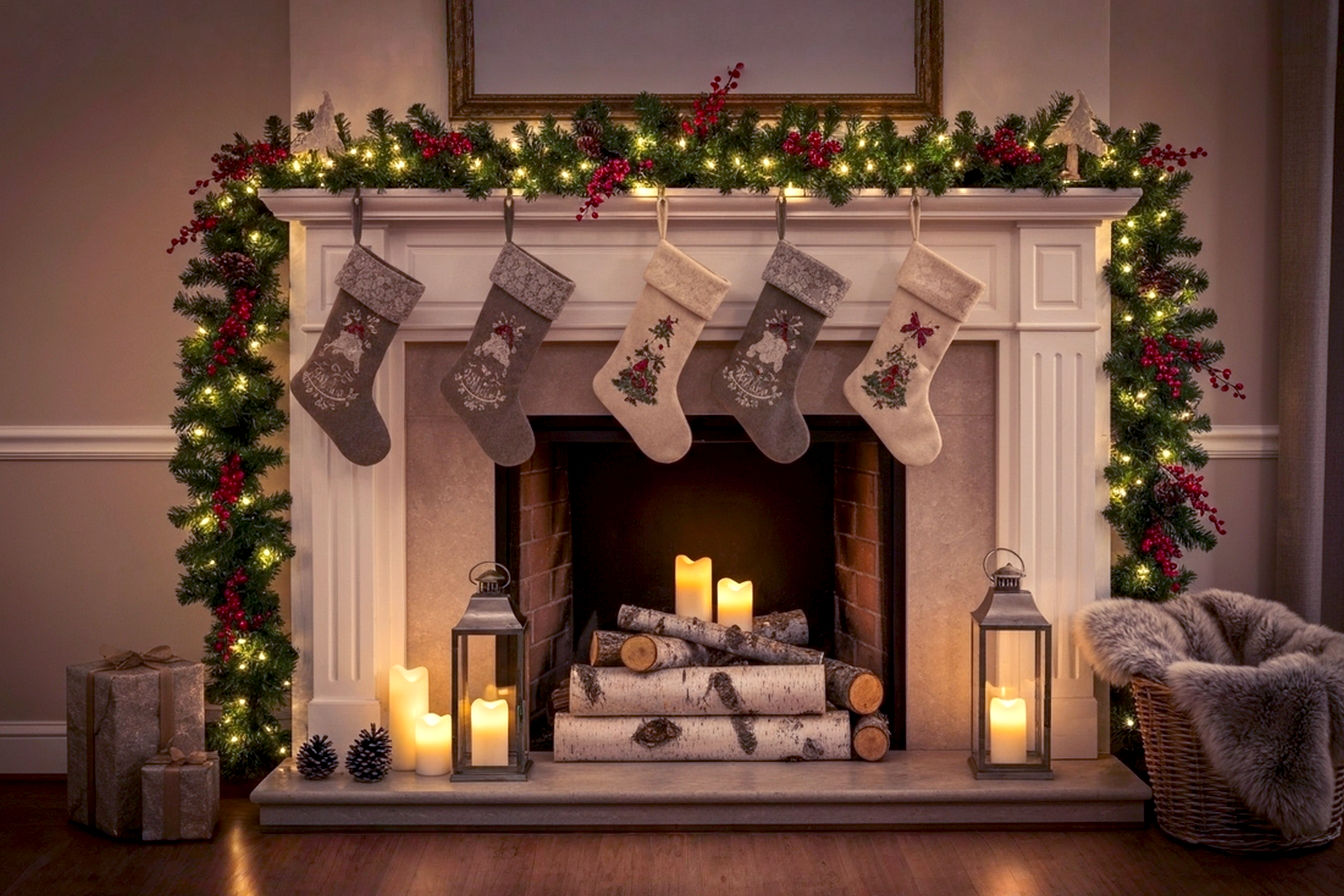 Professional, lifelike photography. A beautifully decorated Christmas fireplace, centered in a cozy, warm-toned living room. The fireplace mantel is adorned with lush green garland, intertwined with warm white fairy lights and classic red berries. Several ornate, personalized Christmas stockings hang from the mantel. On the hearth, there are neatly stacked birch logs, a couple of flickering battery-operated pillar candles inside elegant lanterns, and a plush faux fur throw draped over a nearby basket. The overall mood is inviting, magical, and festive, with soft, ambient lighting highlighting the intricate details of the decor. The image should convey a sense of comfort and holiday cheer, with a shallow depth of field to keep the focus on the fireplace.