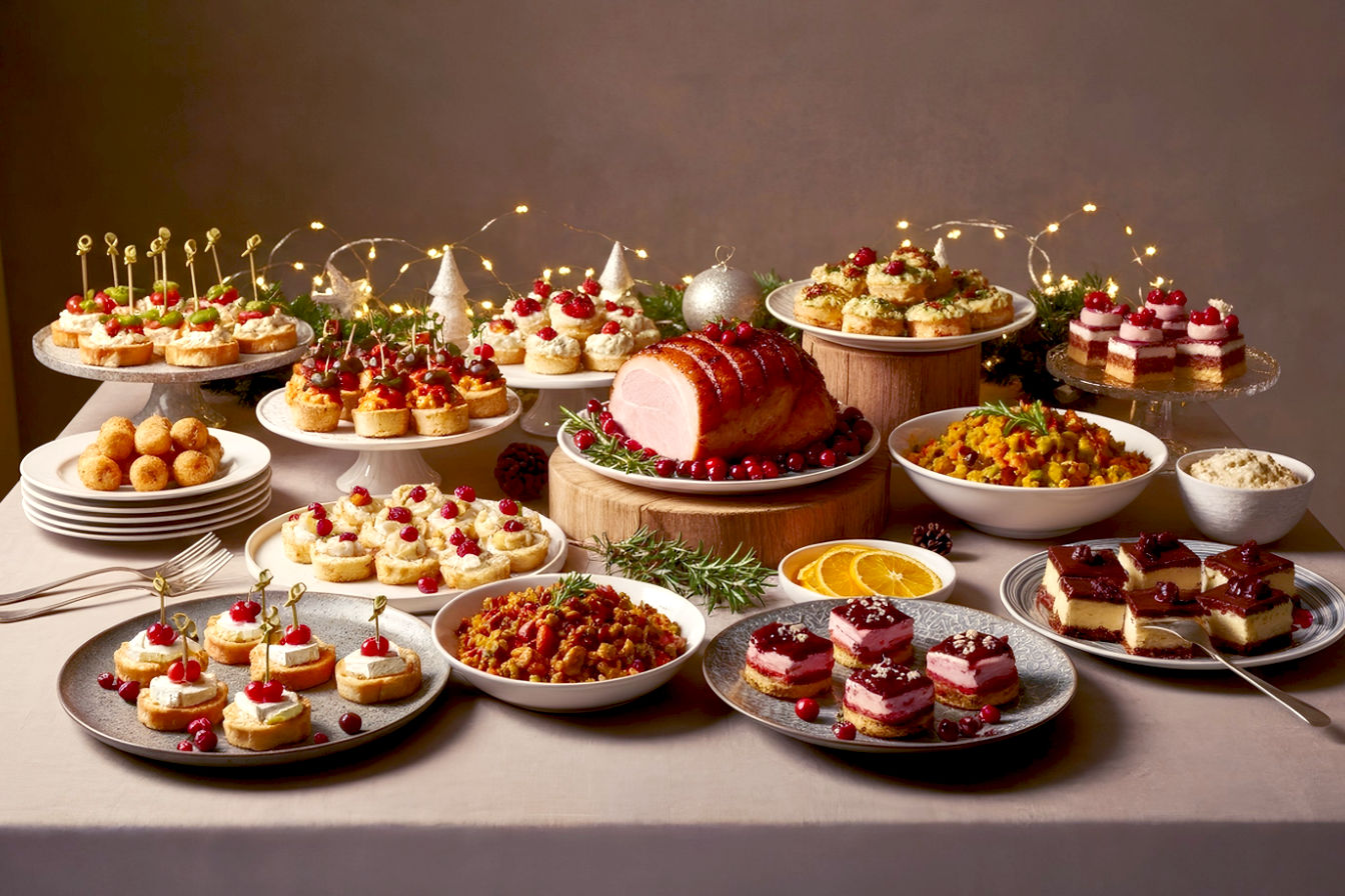 A beautifully styled, warm and inviting Christmas party buffet table spread. The table is laden with an array of diverse, delicious-looking holiday dishes – some appetizers like mini skewers and brie bites, a festive main course like a glazed ham, colorful side dishes, and a selection of decadent desserts. The food should be presented on elegant serving platters and bowls, with festive garnishes like cranberries, rosemary, and orange slices. In the background, soft, twinkling fairy lights and subtle Christmas decorations create a cozy, celebratory atmosphere. The lighting is warm and inviting, highlighting the textures and colors of the food. The composition is a wide shot, slightly elevated, capturing the abundance and festive spirit of the feast. Professional photography style, lifelike, high-resolution, shallow depth of field.
