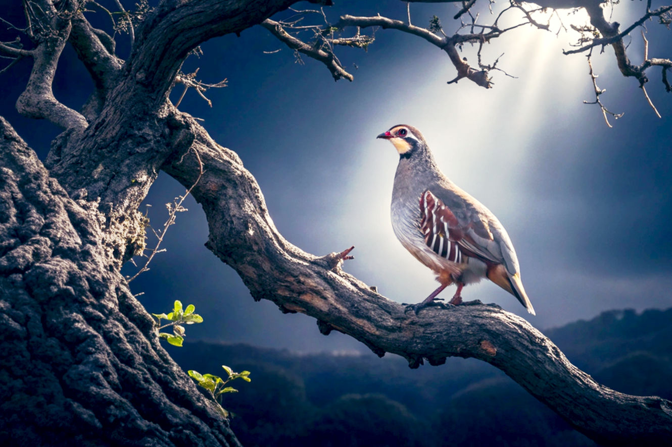 A professional, lifelike photograph with the rich, atmospheric feel of a Renaissance oil painting. The subject is a single, detailed partridge perched on the branch of a gnarled, ancient pear tree. The composition is tight and focused on the bird, which is illuminated by a soft, directional light source from the side, creating a chiaroscuro effect with deep, dramatic shadows in the background. The mood is contemplative, sacred, and mysterious, evoking a sense of hidden history and profound symbolism. The colors are deep and saturated, with the warmth of the light contrasting with the cool, dark background.