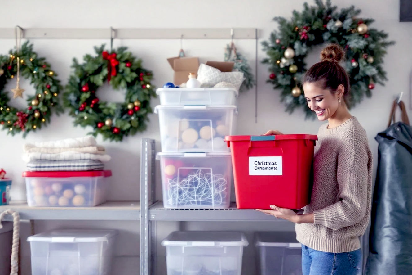 A lifelike, high-resolution professional photograph capturing a bright, clean, and well-organized garage or basement storage area. In the foreground, a person with a warm, satisfied expression is carefully placing a neatly labeled, festive red storage bin on a sturdy shelving unit. The bin is clearly marked "Christmas Ornaments." Other bins, some transparent showing tangled lights, and others opaque but labeled, are arranged in a tidy, vertical stack on the shelves. In the background, an organized wall with hooks holds a perfectly preserved Christmas wreath in a hard-shell plastic case and a special bag for an artificial Christmas tree. The lighting is soft and natural, emphasizing the feeling of order and accomplishment after a successful decluttering session. The scene should have a professional photography aesthetic with a shallow depth of field, focused on the person and the labeled bin, conveying a sense of relief and control. The color palette should be neutral with a pop of festive red and green from the storage containers.