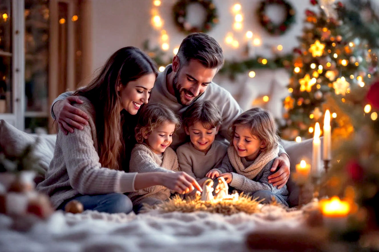 A lifelike, professional photography-style image. The scene is a warm, inviting living room during the evening. Soft, golden light from a nearby Christmas tree and a lit Advent wreath illuminates a family of four—a mother, father, and two young children. The family is gathered around a beautifully detailed nativity scene, with the children's faces full of wonder and the parents' expressions reflecting quiet joy and reverence. The mother gently points to the baby Jesus figure in the manger, while the father has his arm around the oldest child. The composition should be warm, intimate, and focused on the faith-centric activity. The lighting should be soft and atmospheric, with rich, realistic colors. The mood is one of profound peace, love, and spiritual focus, capturing the essence of a Christ-centered holiday. The background should be slightly blurred to emphasize the family and the nativity, but hints of a decorated home (e.g., a lit garland, a stocking) should be visible. High-resolution, crisp detail.