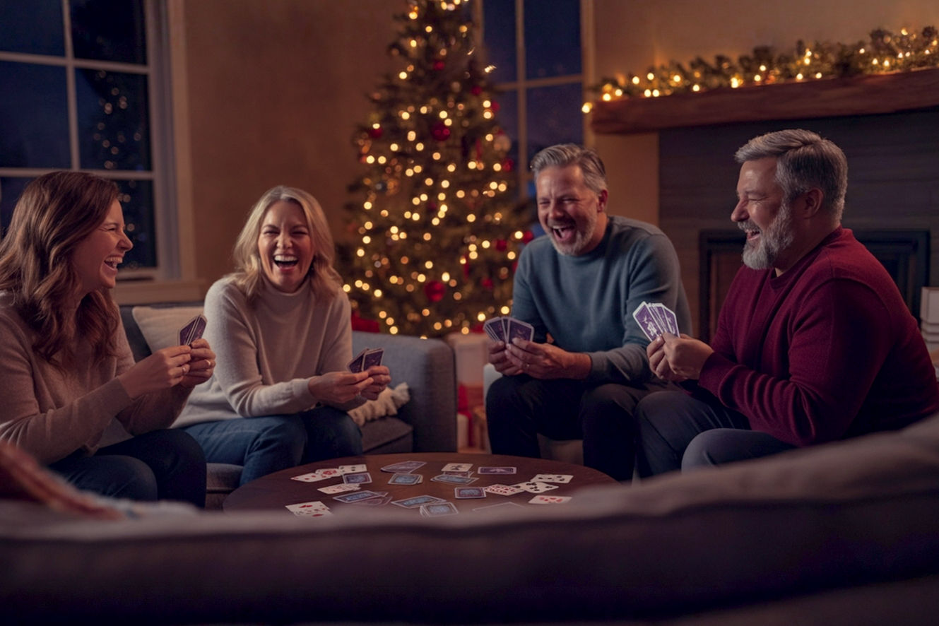 A lifelike, professional photography style image capturing the core theme of 'Grown-Up Fun: Christmas Eve Games for Adults'. The scene is set in a cozy, modern living room at night, with warm, golden Christmas tree lights and a fireplace glowing in the background. The composition features a group of four to six adults, ranging in age from 30s to 50s, seated comfortably on a large couch and plush chairs. They are all laughing genuinely and interacting with each other as they play a festive card game. Focus on their joyful expressions and relaxed body language. The camera is positioned at a medium distance, capturing the full group and a glimpse of the festive, well-decorated room. The lighting is soft and warm, with a mix of practical light from the tree and fireplace, creating a cozy and inviting mood. The photo should have a shallow depth of field, with the background slightly blurred to draw attention to the subjects. The overall aesthetic should be one of authentic, unposed holiday joy, not a generic stock photo. The image quality should be sharp, with rich colors and a professional grade finish.