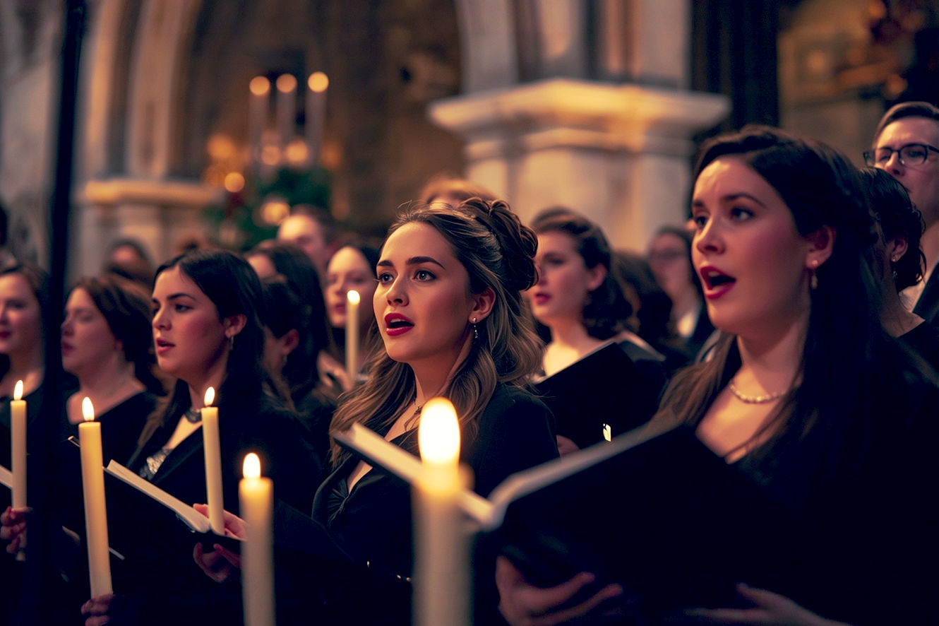 A professional, lifelike photograph capturing the warm, intimate atmosphere of a choir performing in a historic, candlelit church. The diverse group of singers, dressed in classic black concert attire, are focused and expressive, their faces illuminated by the soft glow of the candles on the music stands in front of them. The church interior features stone arches and a subtle hint of festive greenery. The lighting should be warm and golden, creating a mood of reverence, community, and timeless tradition. The composition should be a medium shot, capturing the emotion on the singers' faces while also conveying the grandeur of the setting.