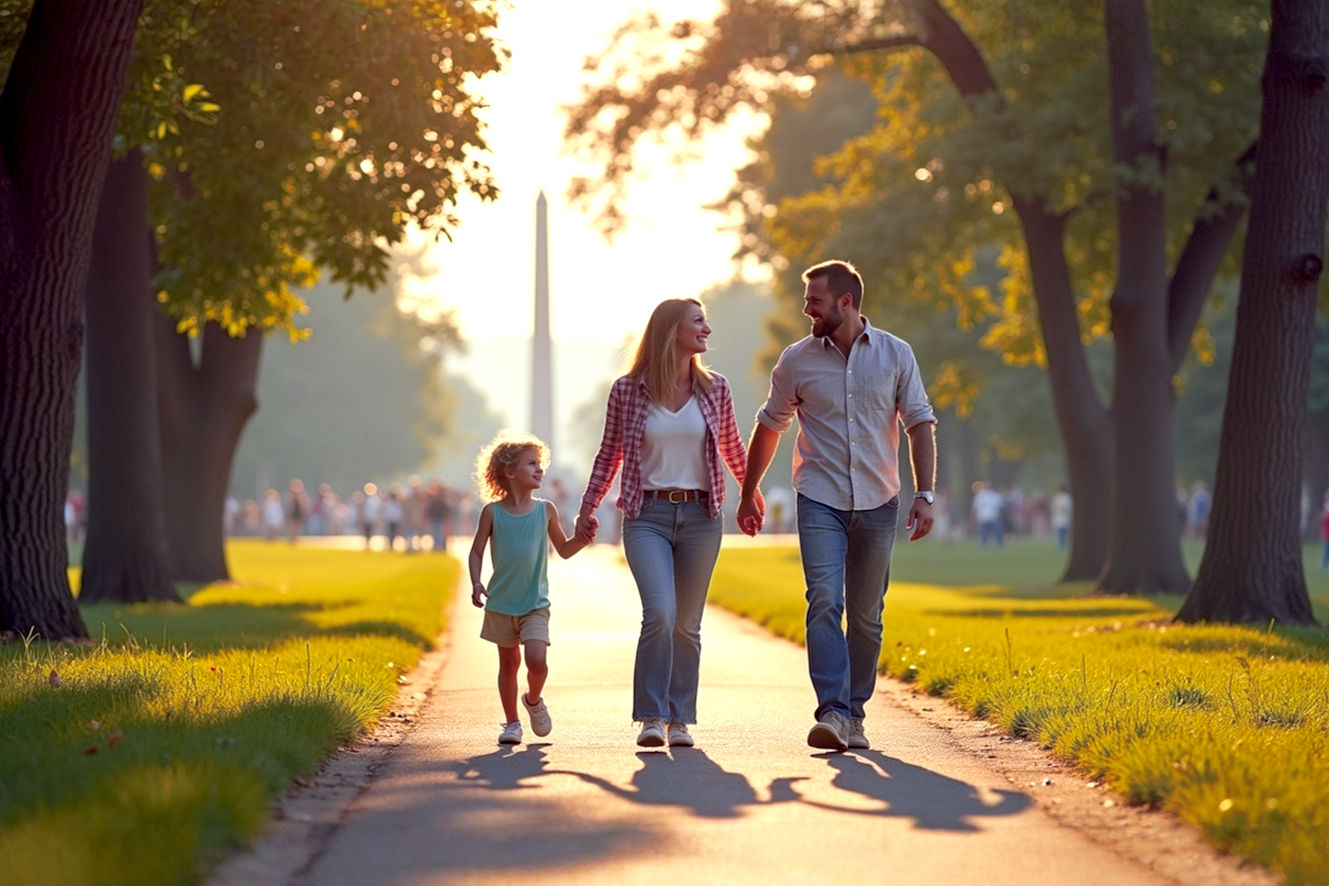 A lifelike, professional photograph with a cinematic aesthetic. The image should feature a young american family walking down a sun-drenched, tree-lined path in a scenic, historical park. In the background, a subtle but recognizable monument (like the Lincoln Memorial in Washington, D.C. or a statue at Fort Sumter) is visible, linking the scene to the holiday's purpose. The family is smiling and engaged with each other, but the atmosphere is one of both happiness and quiet reverence. The lighting is warm and golden, as if from a late afternoon sun. The composition should be dynamic, with the path leading the eye towards the monument. The color palette should be rich and saturated, with deep greens, warm yellows, and bright blues. The focus is on a powerful blend of family connection, leisure, and patriotic remembrance.